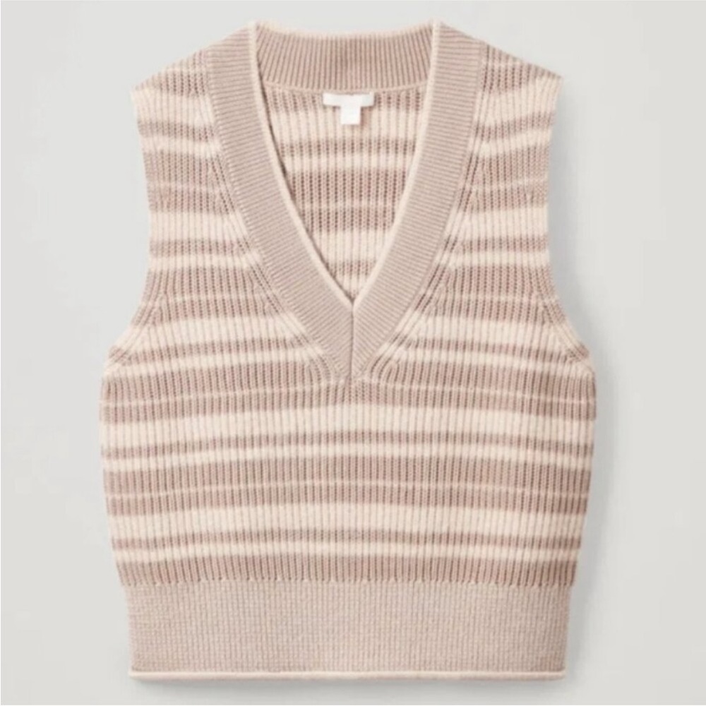 COS Striped V-Neck Vest Knitted Sleeveless Size medium beige - Picture 2 of 6